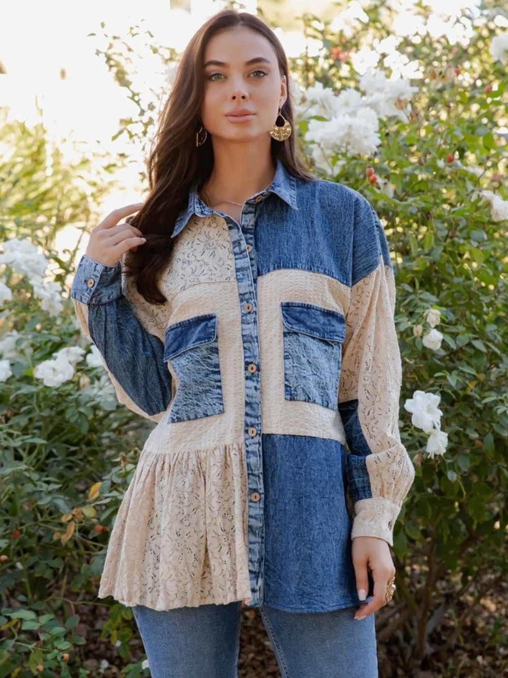 Young Threads Mixed Spliced Denim Shirt with Seersucker & Lace
